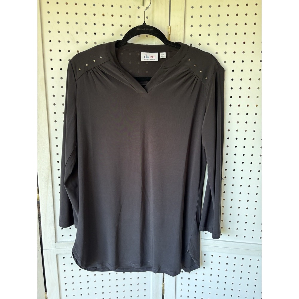 D & Co Women's XXS (larger fit) Shoulder‎ Stud Black 3/4 SLV Blouse Tunic